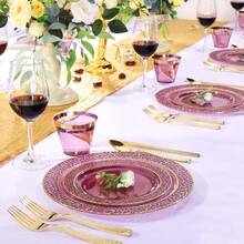 150PCS Clear Black Plastic Plates - Gold Party Plates - Black And Gold Dinnerware Set Include: 50 Plate, 25Cups, 25Forks, 25Knives, 25Spoons For New Year & Party & Father's Day - Purple - View 7