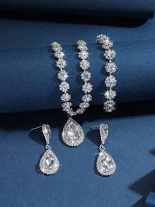 1 Pair Of Earrings + 1 Necklace + 1 Bracelet Elegant Jewelry Set Silver Plated Inlaid Rhinestone Multi Colors For U To Choose Match Daily Outfits