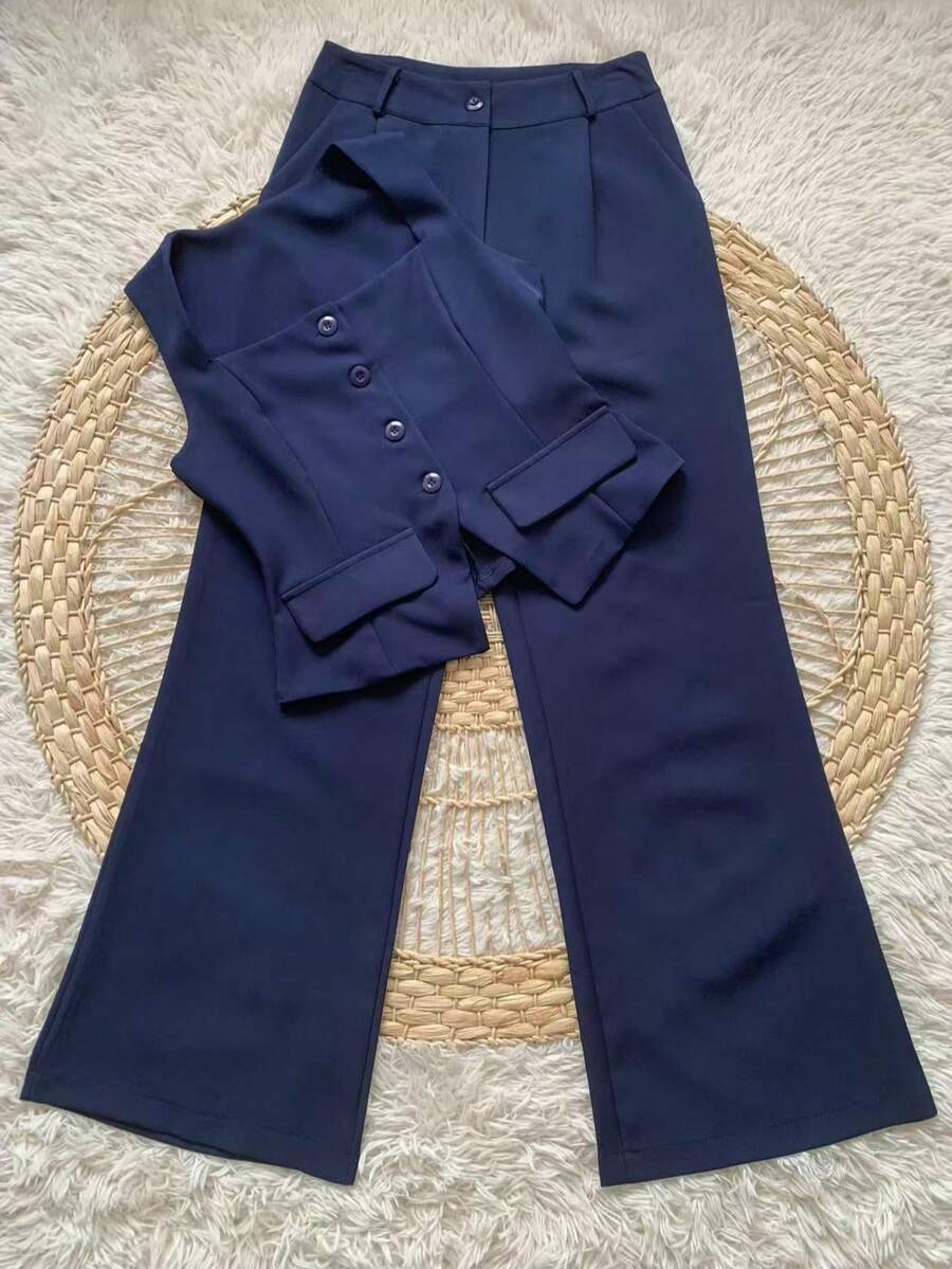 Formal Set Wide Leg Pants High Waist Pockets Tailoring Vest Buttons Simple Elegant Casual Pocket Zipper - Màu xanh hải quân - Xem 1