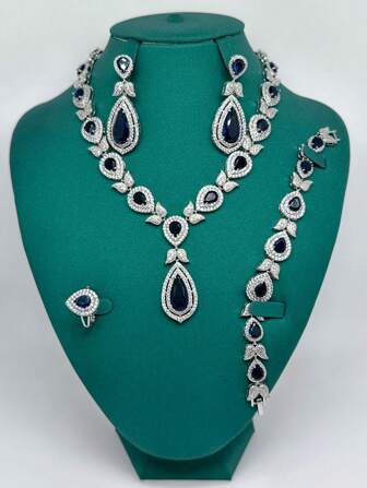 4 件套奢华女士绿色锆石项链、耳环、戒指、手链首饰套装，适合晚会、婚礼、新娘配饰，优雅的节日礼物