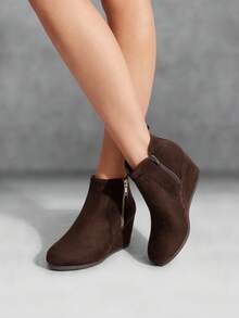 Women's Suede Low Hidden Wedge Heel Ankle Boots Round Toe Side Zipper Outside Zip For Decoration Good For Work And Date - 咖啡棕 - 查看 3