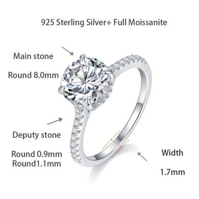 1 pièce Bague en argent 925 minimaliste à quatre griffes avec moissanite de 2 carats, convenant pour une bague de fiançailles, une bague de mariage, cadeau à la petite amie