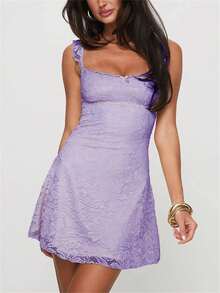 Women's Summer Mini Dresses Sleeveless .Y Square Neck Backless Lace Splicing Cocktail Party Straps Bodycon Dress - 紫色 - 查看 3