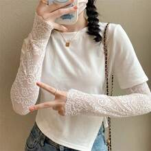 1 对优雅蕾丝袖套 - 刺绣设计，弹性材质，露指，透气防紫外线，优雅蕾丝袖套 - 弹性夏季防晒，透气针织装饰袖，无羽毛，可手洗，适合休闲户外活动 - 彩色 - 查看 5