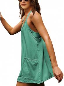 Women's Summer Sleeveless Mini Dress With Built-In Shorts - Dark Grey - View 3