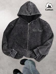 Hemo 男士秋冬街头风印花连帽衫，微弹水洗棉混纺黑色长袖拉链卫衣，休闲户外日常穿着，Emo风格，2000年代灵感 - 黑色 - 查看 2