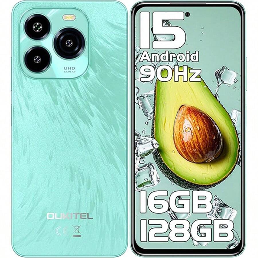 OUKITEL C65 Android 15 手机（无合约）, 16GB+128GB/1TB 智能手机（无合约）, 6.7 英寸 HD+ 90Hz 手机（便宜）, 50MP+8MP, 5150mAh 无 SIM 卡手机, 双 SIM 卡 3 插槽/指纹/3.5mm 插孔 - 綠色 - 查看 1