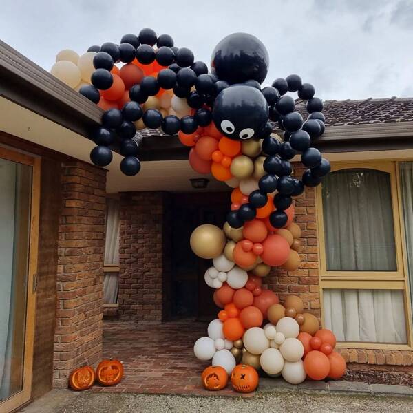 65pcs Halloween Balloon Wreath Arched Set -5/18inch Black Latex Balloon And Eye Finish Balloon, DIY Spider Shaped Balloon, Paired With Black Orange Purple Fruit Green Five-In-A-Color Paper Bun Balloon For Birthday Decor, Singles' Party, Halloween Room Decor And Outdoor Party Decoration.