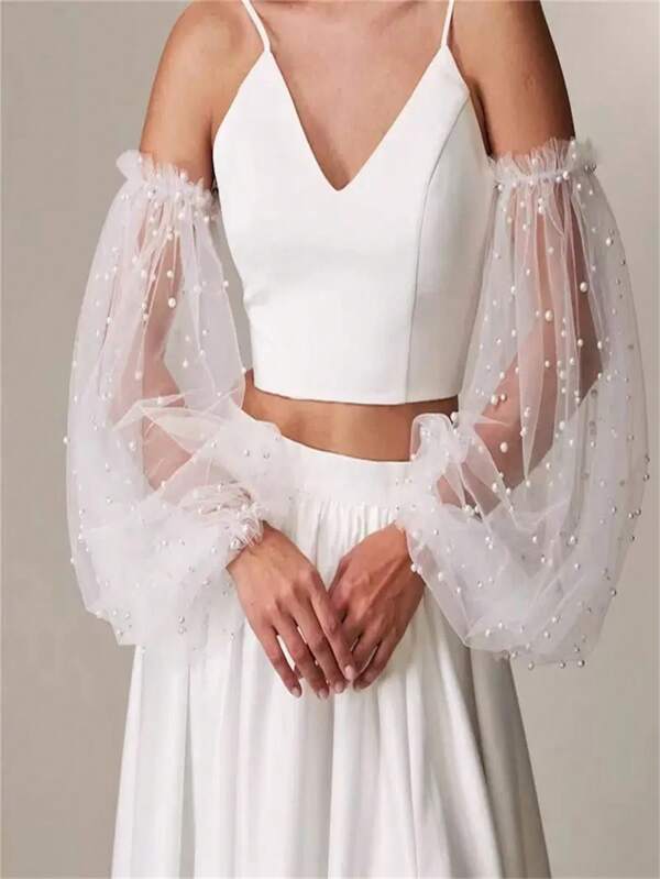 1 Pair 2pcs White Mesh & Artificial Pearl Decor Simple Elegant Bridal Lantern Sleeve Set, Suitable For Wedding, Party, Evening Events