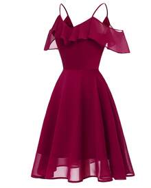 Fitglam Cute Women's Chiffon Short Dress Spaghetti Straps Party Dress A-Line V-Neck Homecoming Graduation Dress - 酒紅色 - 查看 4