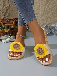 Damskie letnie nowe, swobodne, płaskie, żółte, słonecznikowe klapki plażowe, paski na zewnątrz, klapki na wakacje - Beżowy - Zobacz 6