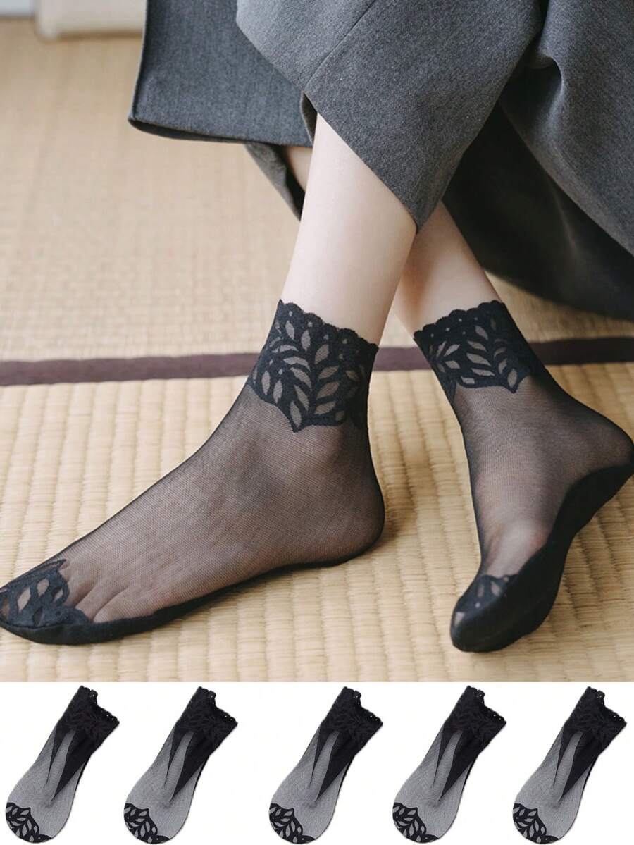 5 Pairs Women's Breathable Mesh Lace Short Socks, Black, Spring/Summer - Black - View 1