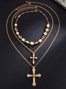 Conjunto de 3 piezas de collar de cuentas de rosario de circonita retro de moda con cruz de brillantes, adecuado para hombres y mujeres, regalo exquisito