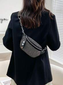 Fashionable & Versatile Women's Rhinestone One Shoulder Bag Mini Crossbody Bag With Adjustable Wide Strap