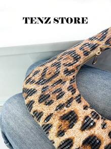 Y2K Sequin Leopard Shoulder Bag For Women, Underarm Purse With Zipper, Lightweight Crescent Handbag, Fashion Sparkly Mini Tote, Stylish Party Clutch For Club, Dance, Streetwear Look (Random Pattern)
