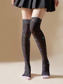 1 双薄款 3D 印花彩色星星和流星雨图案过膝袜 - 梦幻外太空设计，散发神秘魅力 | 360 度数码升华印花过膝袜 - 彩色 - 查看 4