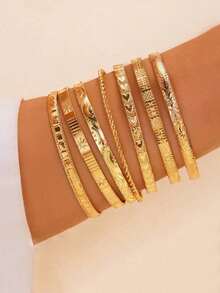 7pcs Set Exaggerated Personalized Hammered Hexagram Twist Open Bangle Bracelet Set, Suitable Daily Wear, - Gold 2 - View 6