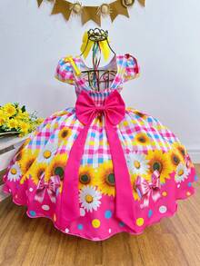 Vestido Infantil Festa Junina e São João Arraiá Xadrez Rosa Colorido