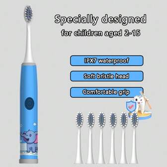 Electric Toothbrush For Kids - Blue Adorable Elephant (Comes With 3-7 Brush Heads), Fully Automatic Stylish Electric Toothbrush With One-Click Start (Batteries Not Included), Suitable For Boys & Girls Aged 3-15 Years, Soft Bristles For Gums, IPX7 Waterproof, Helps Whiten Teeth & Maintain Oral Health