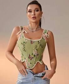 Womens Vintage 1920s Renaissance Lace Trim Corset Bustier, Retro Fashion - Hijau - View 5