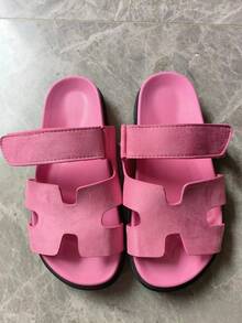 Women's Summer Slippers, Large Size, Thick-Soled, H-Shaped, With Magic Tape, European And American Style, Outdoor Sandals - 粉色 - 查看 8