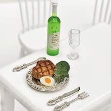 7/9pcs Dollhouse Romantic Dinnerware Set, Metal Delicate Plates With Miniature Food, Miniature Steak! Miniature Red Wine, Christmas/Halloween Decor!