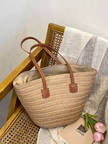 Yogodlns 女士编织篮手拿包顶部手柄包草编便携单肩包夏季沙滩派对钱包购物挎包女式大容量单肩包夏季编织篮手提包时尚沙滩包巴厘岛购物手提包腋下包