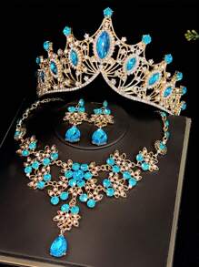 Set de 3 piezas de corona y accesorios para el cabello de novia, incluyendo aretes y collar - Joyería de princesa de estilo barroco de aleación, apta para boda, fiesta, novia, accesorios de graduación