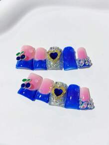 "10pcs Handmade Duckbill Blue French Myriad Nail Set With Cherry Heart Rhinestones & Glitter For Women – Perfect For Daily Wear And Parties, Includes 2 Tools"