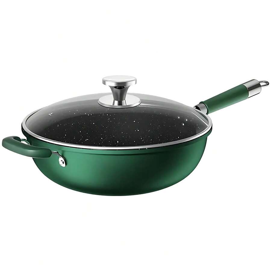 34cm Chef's Nonstick Wok Pan - Comes With Vented Lid - Even Heat Distribution For Gas/Induction Cooking - Green - View 1