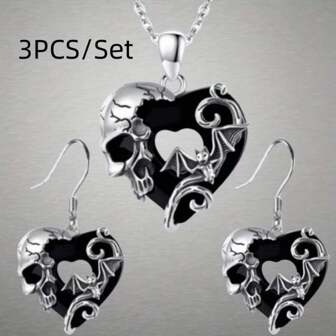 A Set Of 3 Stylish And Exquisite Creative Heart-Shaped Skull Necklaces And Earrings, Bat Necklace, Halloween Jewelry Set Gift, Perfect Gift For Family And Friends, Men And Women's Necklace And Earrings.