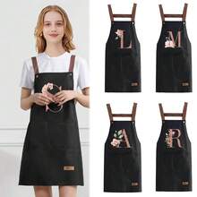1 件套家用厨房围裙 - 可调节肩带设计，大前口袋成人男女烹饪耐用围裙，四季创意字母 A-Z 印花围裙轻薄围裙餐厅店服务员工作制服 - 黑色 - 查看 11