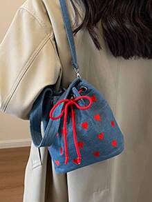 Y2k 美学单肩包 - 刺绣心形抽绳粉色迷你水桶包，女士斜挎包 | 可爱休闲和约会之夜时尚配饰，多用途单肩包 - 斜挎/斜跨/手提刺绣水桶包