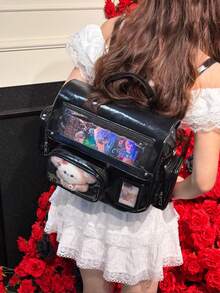 Japanese New PU Leather Fashion Y2K Style Chain Transparent Badge Hanging Bag, Suitable For Daily Leisure And Street Commuting, Multi-Functional Large-Capacity Single-Shoulder Cross-Body Backpack, Idol Support Bag, Can Place Small Objects - Black - View 6