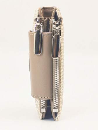 Portafoglio corto da donna, intrecciato in paglia, con texture in pelle PU morbida, chiusura a scatto elegante, bifold, ampia capacità, porta carte multifunzione, borsa clutch minimalista leggera, ideale come regalo per le vacanze