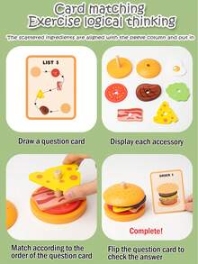 Children's Simulated Wooden Pretend Burger, Sandwich Set Column Matching, Educational Food Assembly Toys, Early Education Interactive Kitchen Pretend Toys Fun Stacking Toys That Simulate Food