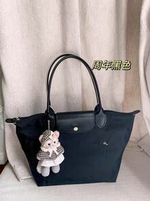 ナイロン餃子バッグハンドバッグ刺繍大容量トートバッグ防水折りたたみショルダーバッグ女性のバッグ - ブラック - チェックする 2