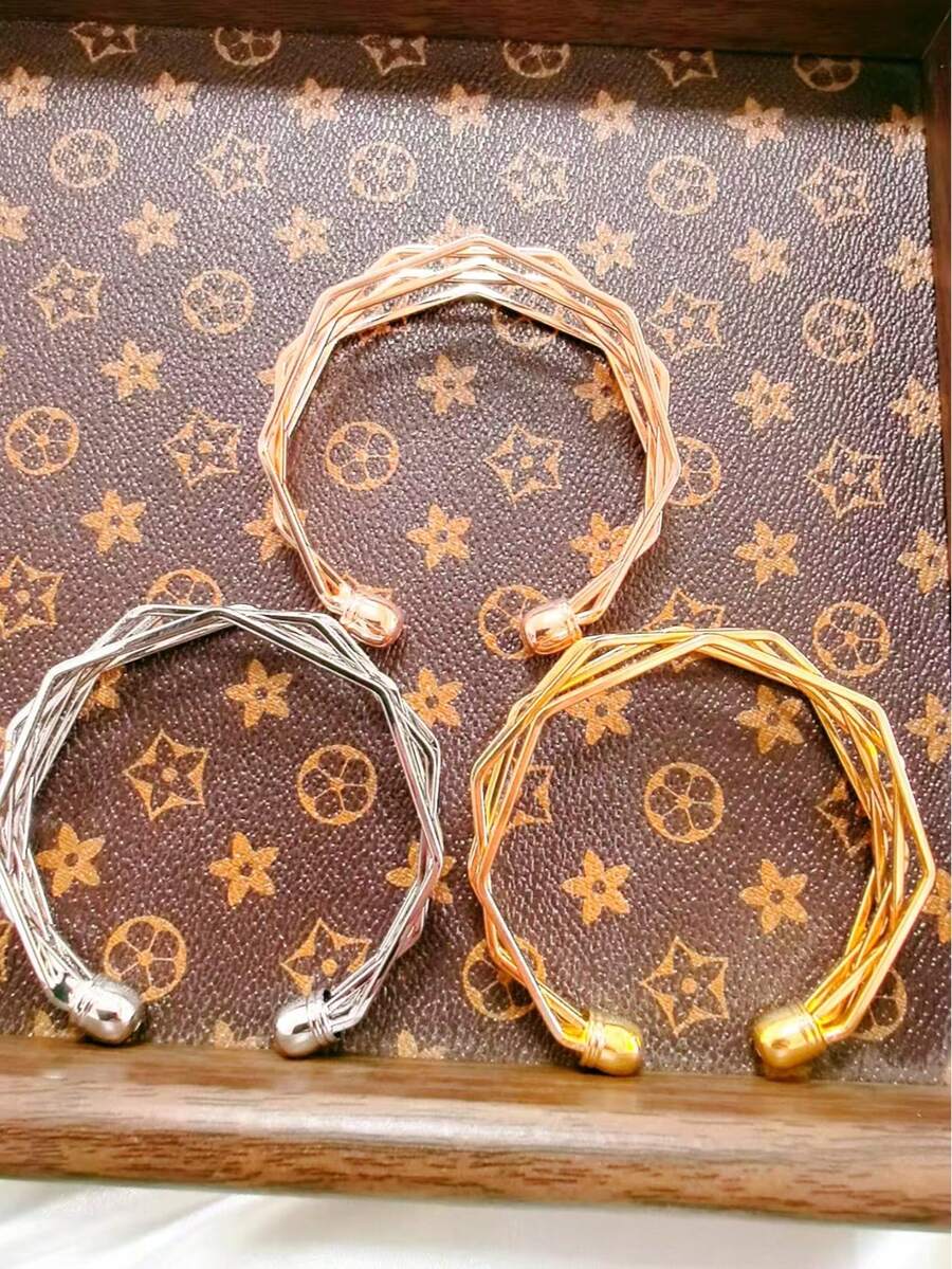 1pc Multi-Color Adjustable Open Geometric Bangle Bracelet, Suitable For Daily Wear, Gatherings And Gifts - Yellow Gold - View 1