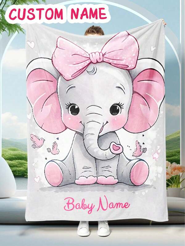 1pc Pink Elegant Custom Name Milestone Blanket With Cute Elephant Flower Wreath Design For Newborns Boy Girls' Photography Baby Shower Family Decorations Gifts, Personalized Custom Flannel Blanket For Children Featuring A Hand-Drawn Design