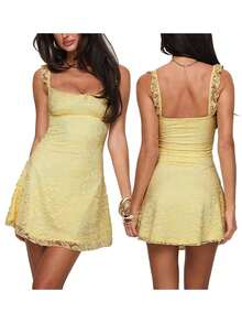 Women's Summer Mini Dresses Sleeveless .Y Square Neck Backless Lace Splicing Cocktail Party Straps Bodycon Dress - Màu vàng - Xem 7