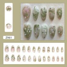 24Pcs Green Flower Press On Nails Medium Almond Nails With 3D Pearl Rhinestones Design Glossy Gold French Tip Acrylic False Nails - 3D-8 - 查看 4