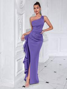ADYCE Gaun Panjang Selutut Elegan Bergaya Vintage dengan Satu Bahu, Berenda, dan Belahan Depan, Cocok untuk Pesta Dansa, Kencan Malam, Tamu Pernikahan, Acara Kembali ke Sekolah, dan Pesta Musim Panas. - Purple - View 3