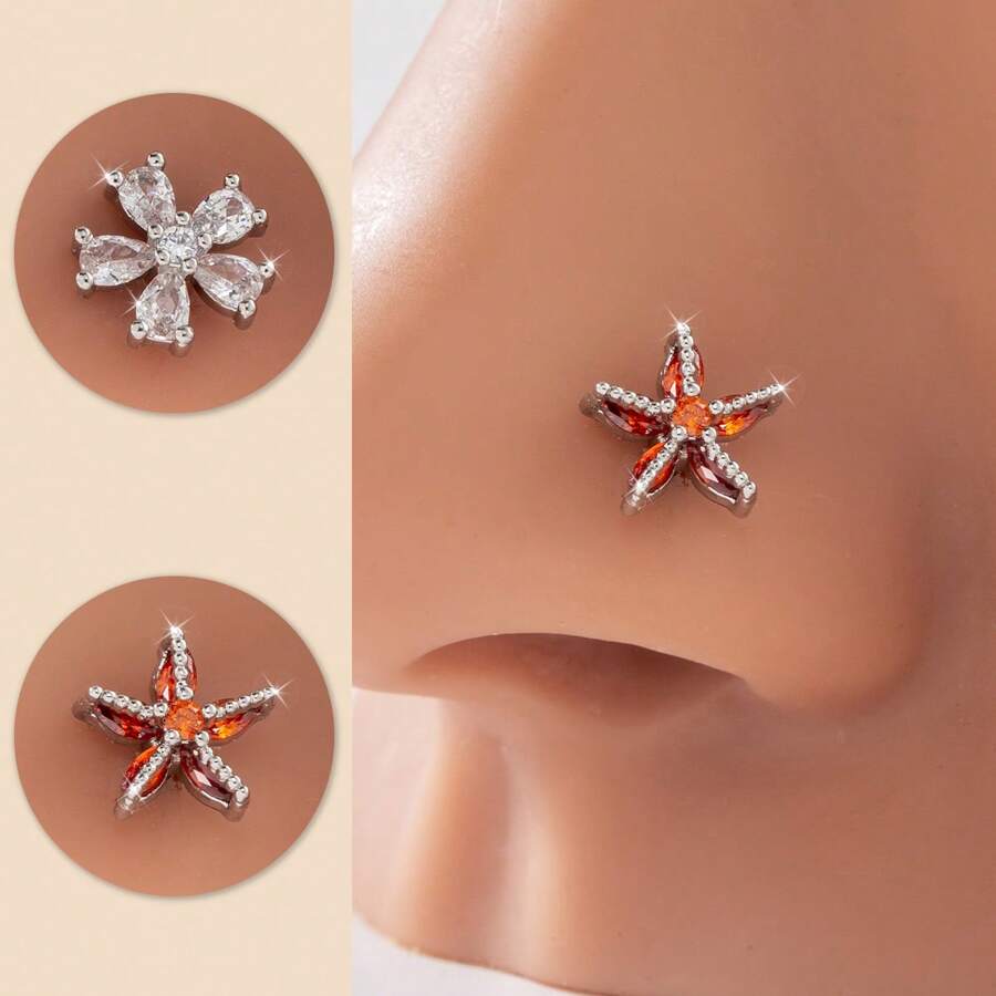 1pc Fashionable Elegant Minimalist Copper & Cubic Zirconia Flower Shaped L-Shaped Nose Stud, Daily Wear, Holiday Party, Birthday Gift For Women