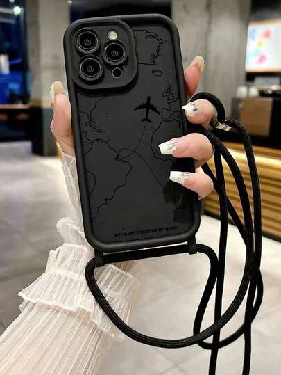 Nuova elegante custodia per telefono con cinturino da polso rimovibile e tracolla, con texture goffrata spessa anti-caduta, realizzata a mano con intreccio, con stampa di mappa e aeroplano, compatibile con 16/16 Pro/16 Pro Max/16 Plus/ 15 Pro Max/7/8 e accessori compatibili con 15 Pro Max, 13, 14, 11 Pro, 12, XS, custodia protettiva morbida, portatile, impermeabile, antiurto e resistente ai graffi