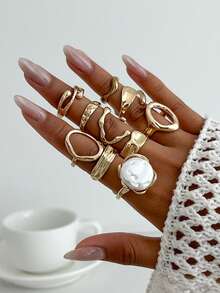 10pcs Fashion High-End Versatile Niche Multielement Metal INS Style Wrinkle Knuckle Rings, Women Personalized Glossy Faux Pearl Open Rings - Multicolor - View 4