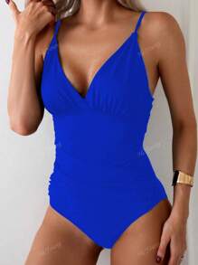 Traje de baño de una pieza para mujer, negro, con push-up, tiro alto, control de abdomen y fruncido, traje de playa para mujer