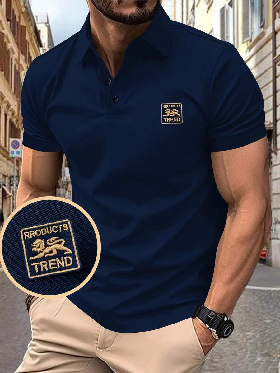 Camisa tipo polo de manga corta casual con logo bordado para hombres, para verano - Azul Marino - Ver 1