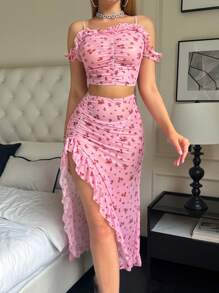 3pcs Mesh Floral Print Lingerie Set Including Sheer Top, Long Dress & Shorts