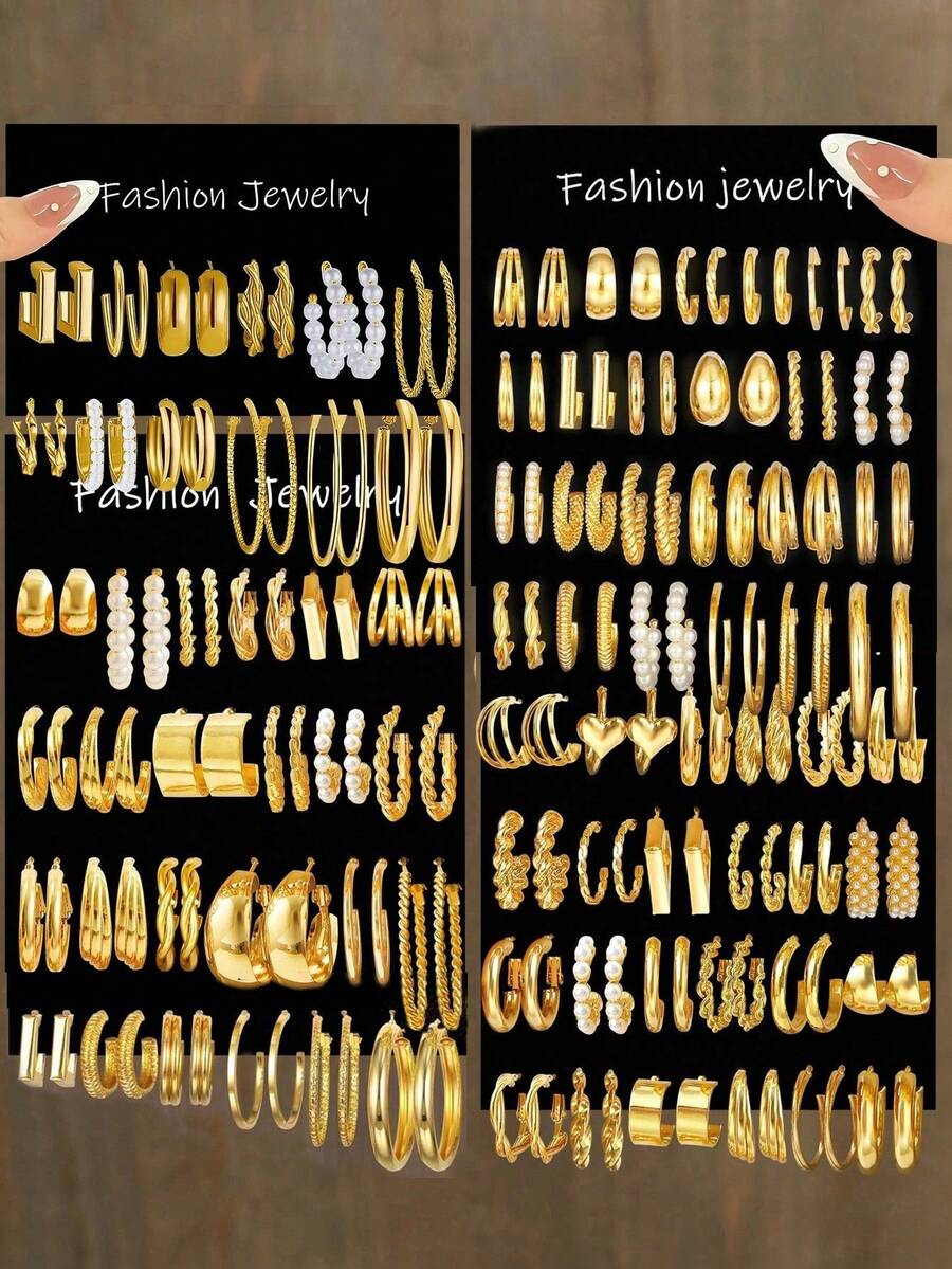 48-96 Pieces Fashionable, Elegant And Simple, Inlaid With Imitation Pearls, Love Butterfly Twist Hollow Design Earrings Set, Suitable For Women's Daily Light Luxury Collocation, To Participate In The Party Vacation Dating, Perfect Gift - 96PCS (Vàng) - Xem 1