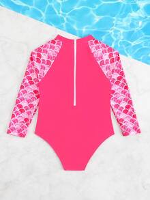Bộ đồ bơi liền thân dài tay in hình nàng tiên cá hoạt hình cho bé gái - Màu Hồng Tươi - Xem 5